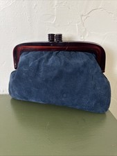VTG 40s-50s Blue Suede Purse Bakelite Frame Clasp Clutch Bag Made In Italy