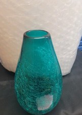 Handblown Crackle Art Glass Teal Blue Green Vase 13"T x 6.5  D Teardrop Vase