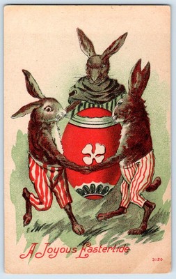 1910's JOYOUS EASTERTIDE ANTHROPOMORPHIC DANCING DRESSED RABBITS POSTCARD