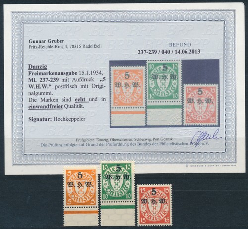 Danzig Winterhilfe Wappen 1934** Michel 237-239 Befund (S27044)