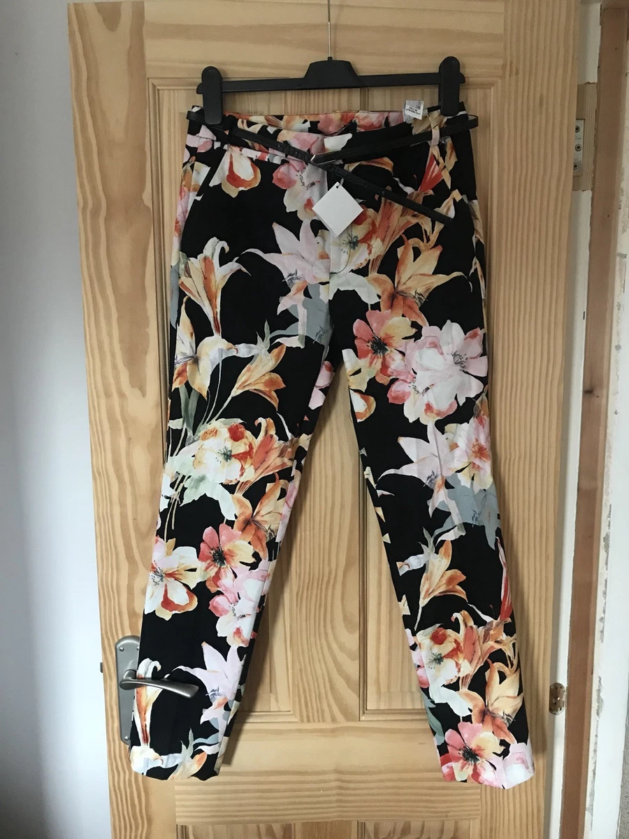 ZARA Black Floral Print Mid Rise Slim Casual Office Pants Trousers With  Belt 10