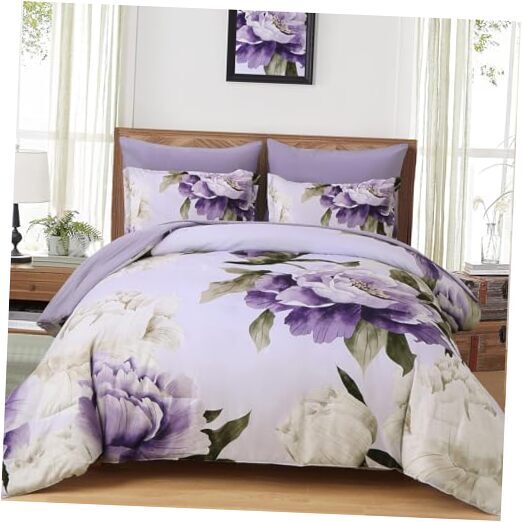 Comforter Set 7 Piece Bed in a Bag Floral Printed on Light Queen Purple-image