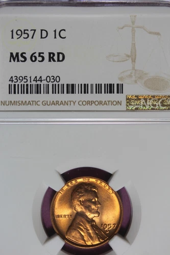 1957 D- 1C MS65RD NGC LINCOLN WHEAT CENT #B45984