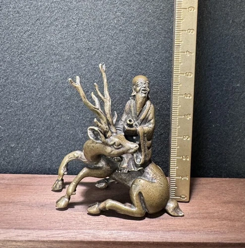 Antica statua cinese in rame cervo seduto dio della longevità - Foto 7 di 7