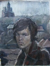 Ukrainian Soviet USSR Oil Painting impressionism portrait young man cathedral