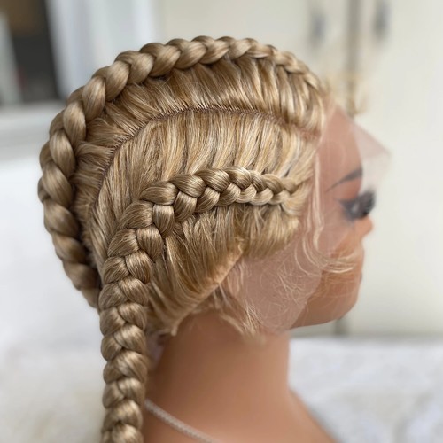 Peluca frontal de encaje sintético trenzada con cabello de bebé 32 pulgadas 4 trenzas de encornowado - Imagen 5 de 25