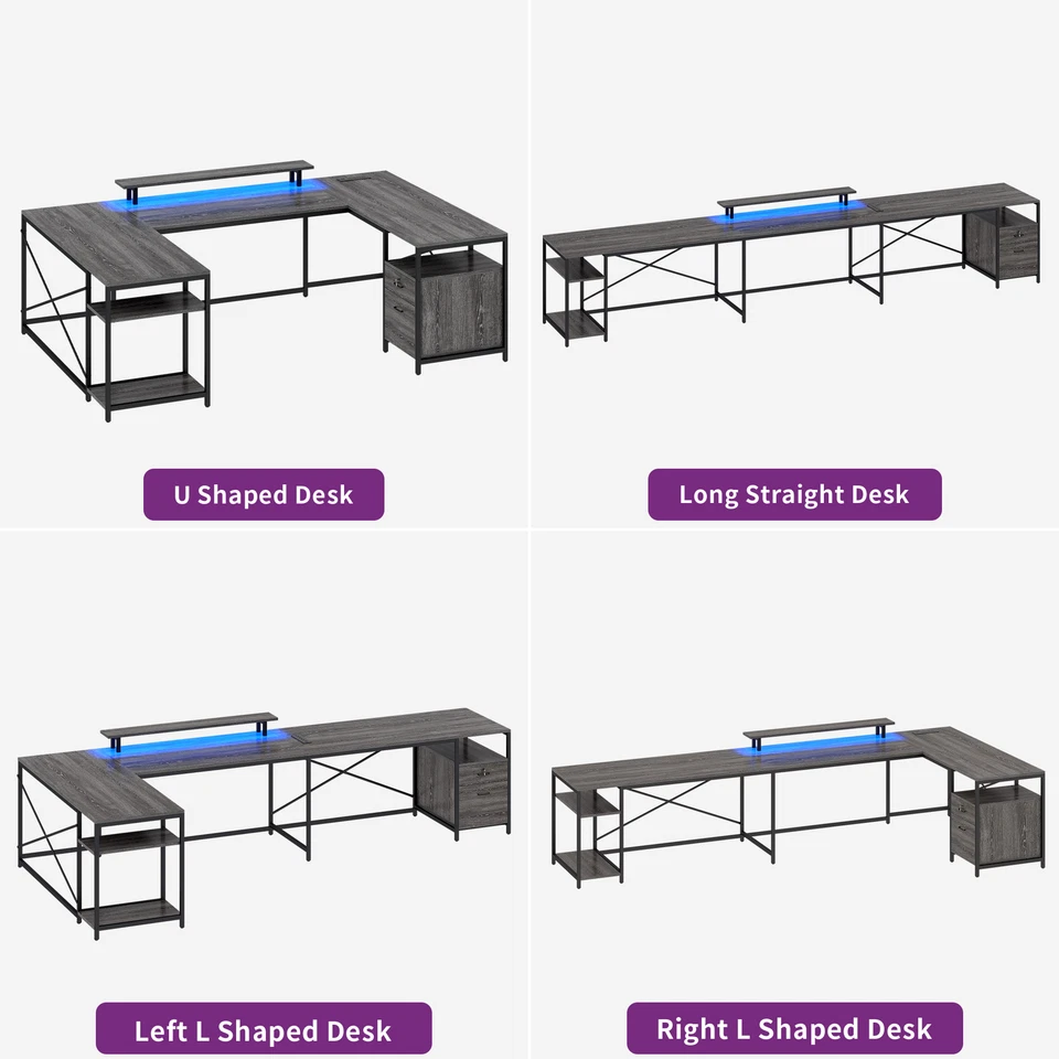 Escritorio 79" en forma de L en forma de U Escritorio para juegos Escritorio para computadora con tira LED y tomas de corriente Foto 3 de 4