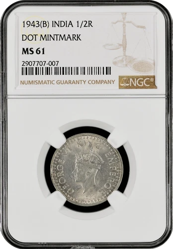 1943-B India 1/2 Rupee Dot Mintmark NGC MS 61