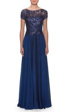 La Femme 27924 Floral Lace & Satin Chiffon Gown SZ 18 ($378) Navy