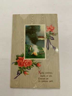 1912 Kindly Greetings Postcard Bonfire Landscape