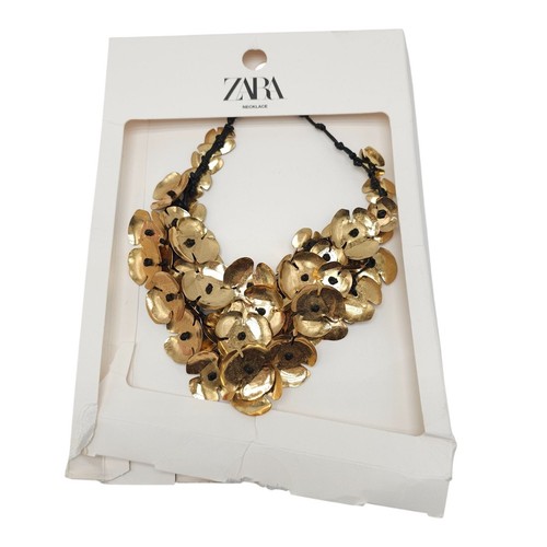 Gold Waterfall Cascading Floral Statement Necklace By Zara With Black Cord
