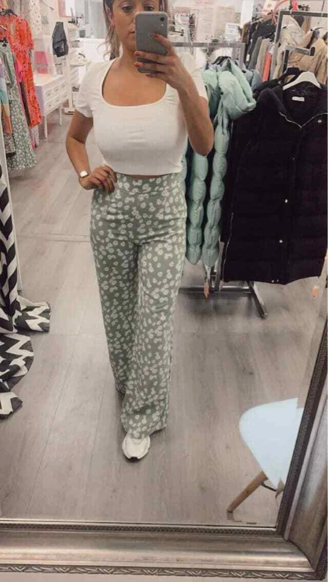 ladies high waisted green white floral summer trousers