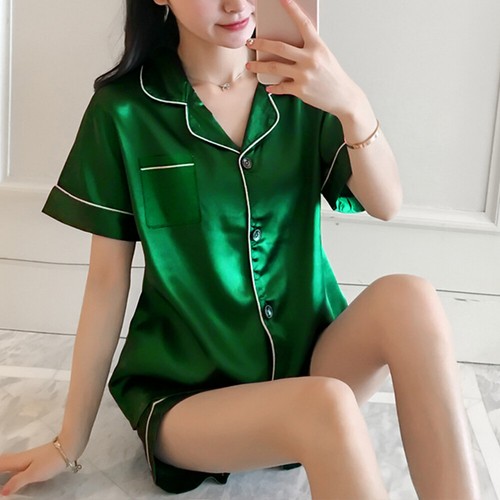 Women Satin Silk Pyjamas Nighty Short Sleeve Shirts Shorts Nightwear PJs Set - Picture 7 of 26