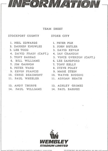 STOCKPORT COUNTYV STOKE CITY AUTOGLASS TROPHY FINAL 1992 PROGRAMME + TEAM SHEET - Picture 3 of 3