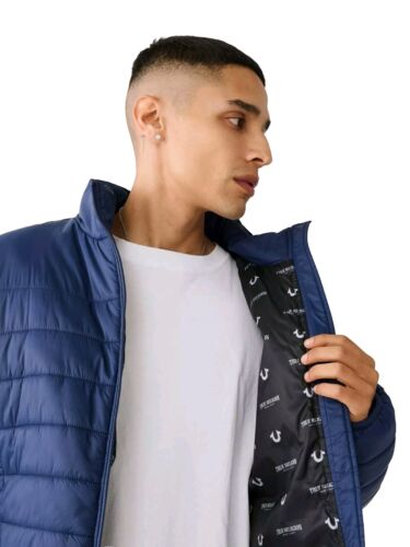TRUE RELIGION Mens Premium PUFFER JACKET Lightweight Packable LOGO Blue - Picture 5 of 9