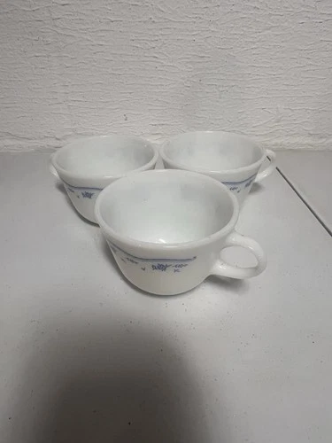 3- Vintage Pyrex Corning Coffee Cups Milk Glass Floral Morning Blue