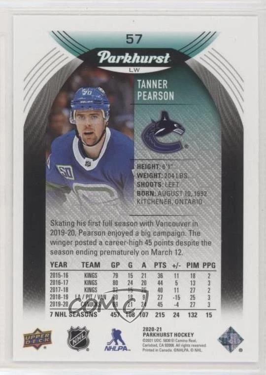 2020-21 Upper Deck Parkhurst Gold Foil Tanner Pearson #57 - Image 2 of 2