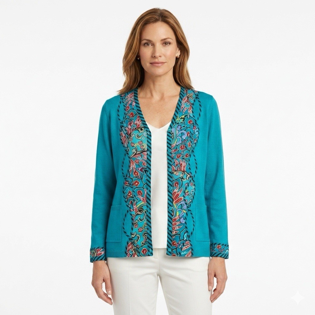 Koos Silk & Cotton Artsy Boho VTG Blue Button Long Sleeve Sweater Size Med