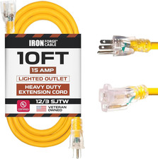 10 Foot Lighted Outdoor Extension Cord - 12/3 SJTW Heavy Duty Yellow Extension C