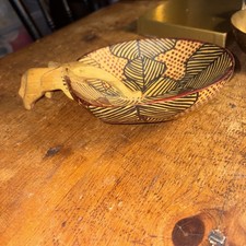 Vintage African Animal Elephant Bowl Wooden Hand Carved Painted 8 Inches.