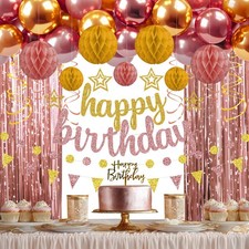 Rose Gold and Gold Birthday Party Decorations Set - Happy Birthday Banner Bal...