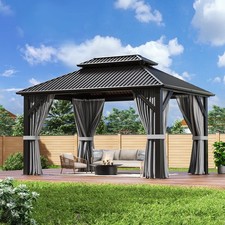 10 X 12 Ft Hardtop Gazebo With Nettings And Curtains Steel Double Roof Gazebo