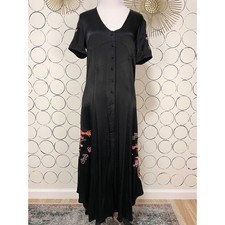 Black Satin Button Front Midi Dress S Dragon Bird Embroidered Asian Edgy Whimsy