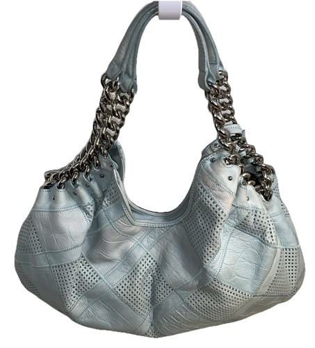 B.Makowsky Large Powder Blue Leather Satchel Handbag Silver Chain Leather Straps - Picture 13 of 23