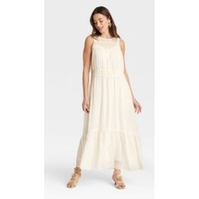 A New Day Womens Sheer Chiffon Maxi Dress Cream XS Keyhole Back Crew Neck