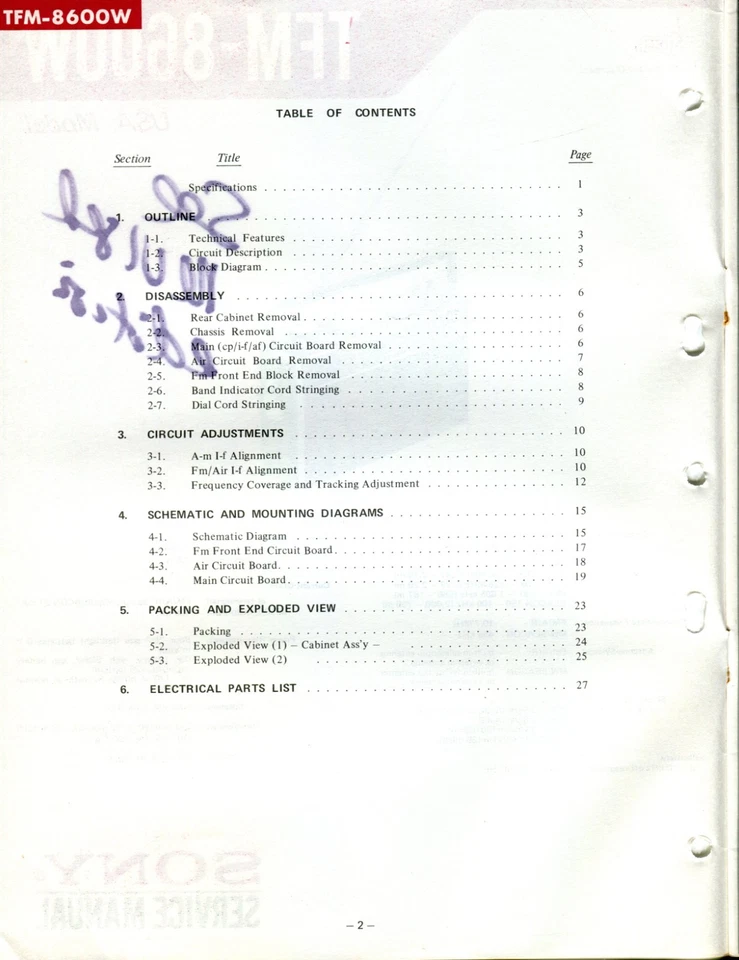 Sony TFM-8600W 4-полосный FM/AIR/MW/маяк портативный радиоприемник сервисное руководство - Изображение 2 из 3