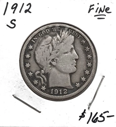 1912 S Barber Silver Half Dollar, High Grade, Great Gift