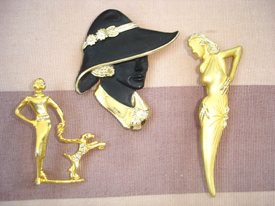 Vintage LOT of 3 LOVELY LADY Fashion Pin Brooches:  Black Hat is Torino Marked