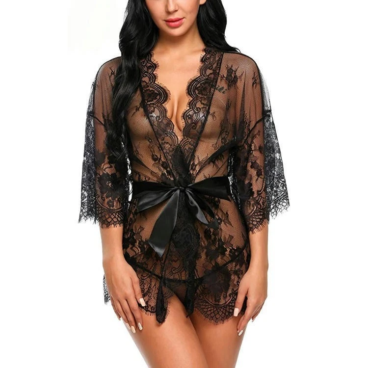 Women Sexy Gown Nightdress Lace Lingerie Sleepwear Ladies Wraps Dress Robe  - Image 3 of 4