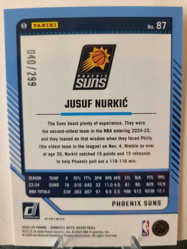2024-25 NBA Donruss Optic JUSUF NURKIC #/299 ORANGE HYPER Suns Jazz 87 - Picture 2 of 2