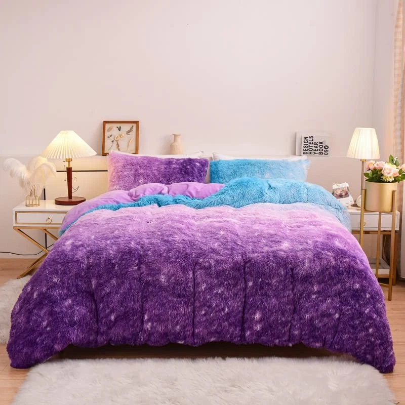 蓝色紫色Ombre Stars毛茸茸的模糊被套套装大号人造毛皮Bedd... — 第 2/4 张图片