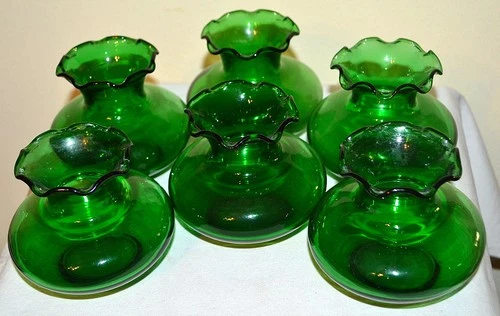 6 Vintage Anchor Hocking Emerald Green Glass Vase w/ Ruffled Edge Small - 3.5"T