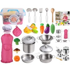 Luxury Stainless Steel Kids Kitchen Play Set with Colorful Chef Apron  Hat