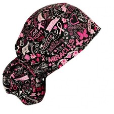 Big Hair Bouffant Black  Pink Ribbon Cancer Awareness Scrub Cap