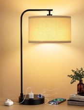 Tall Table Lamp W/ USB Port  Outlet Dimmable Nightstand Bedside Lamps W/ Linen