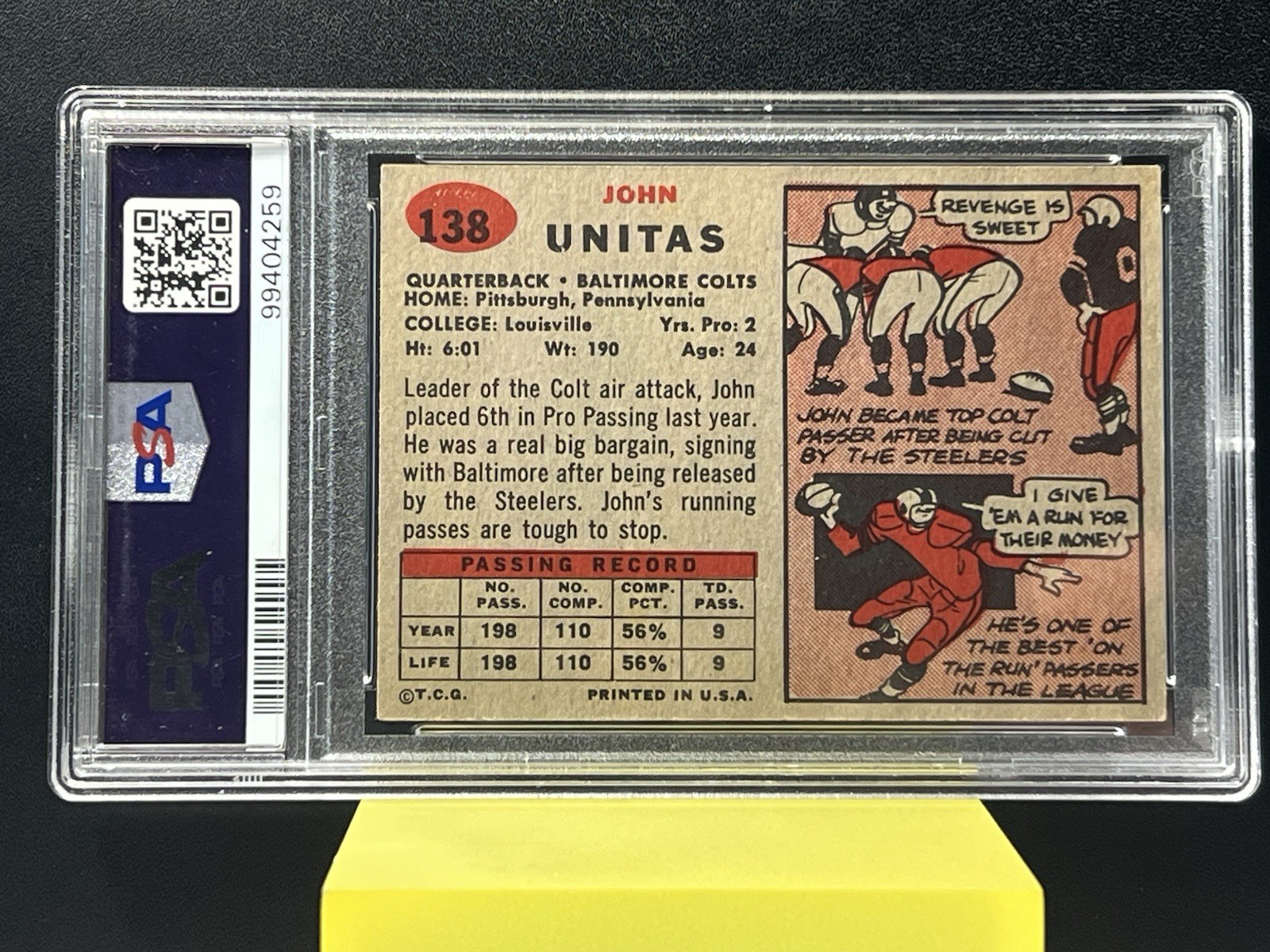 1957 Topps John Unitas #138 PSA 4 VG-EX Baltimore Colts HOF Vintage view 2