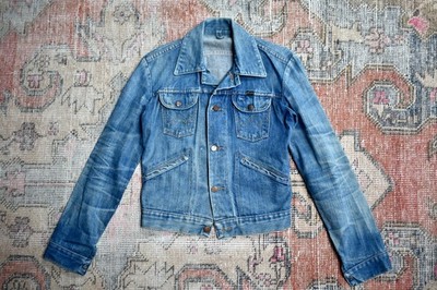 Vintage 70s Wrangler Blue Denim Jeans Trucker Jacke Yamaha Patches 36 Small