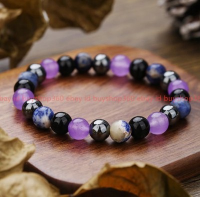 Fashion 8mm Hematite Black Agate Blue White Jade Round Gems Bracelet 7.5in