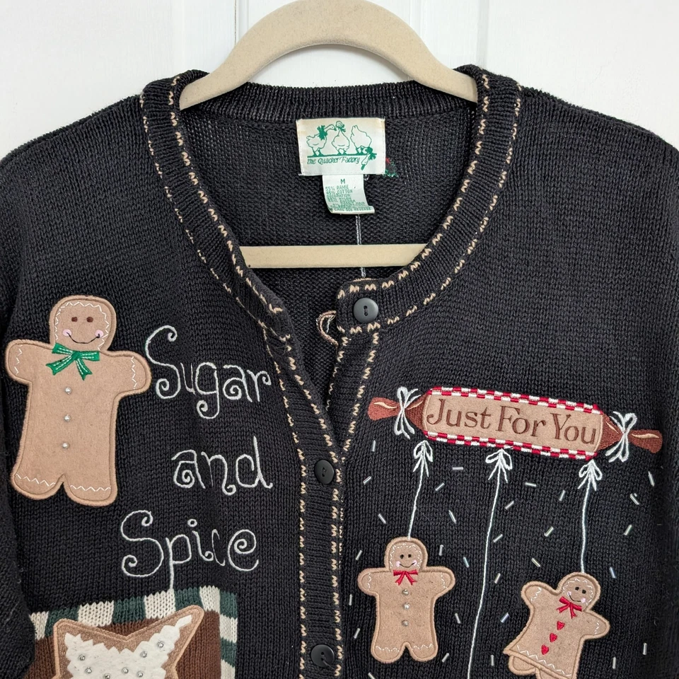 VTG Quacker Factory Gingerbread Holiday Cardigan Sweater MEDIUM Embroidery Party - Image 2 of 4