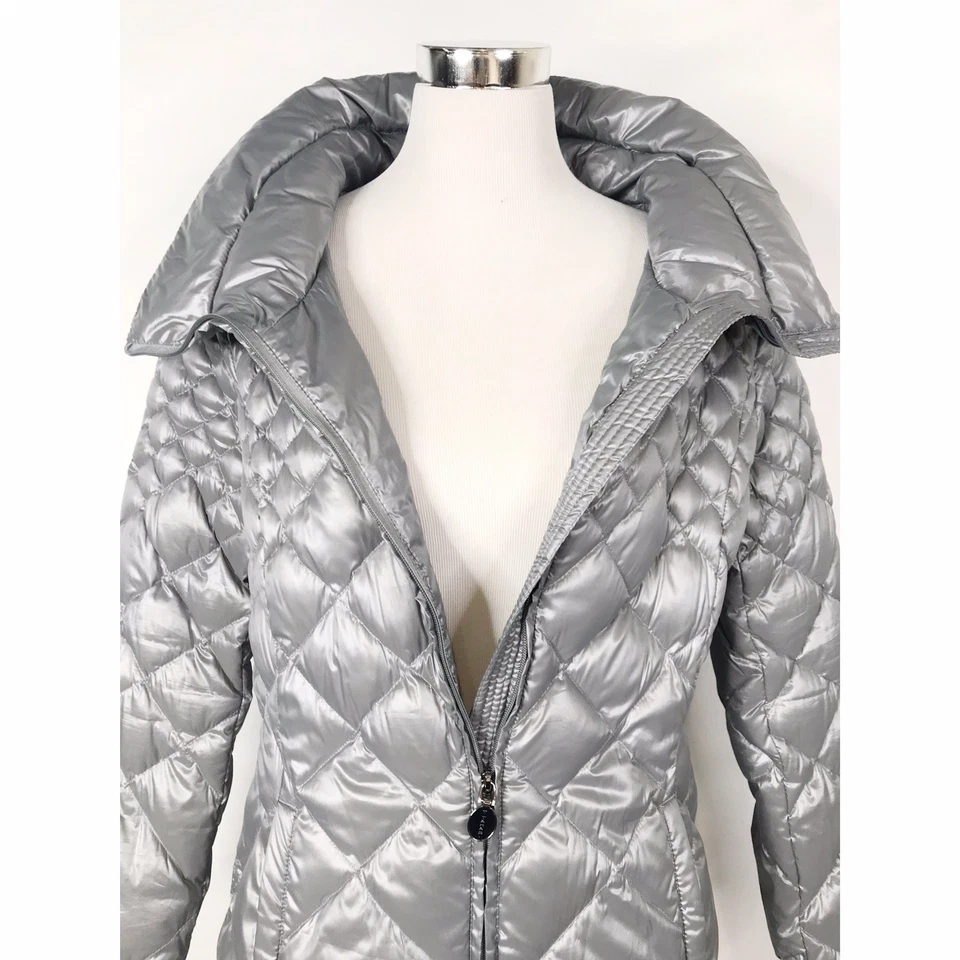 Abrigo Tahari Mujer Grande Gris Plateado Metálico Acolchado Puffer Chaqueta Larga Cremallera Completa Foto 3 de 4