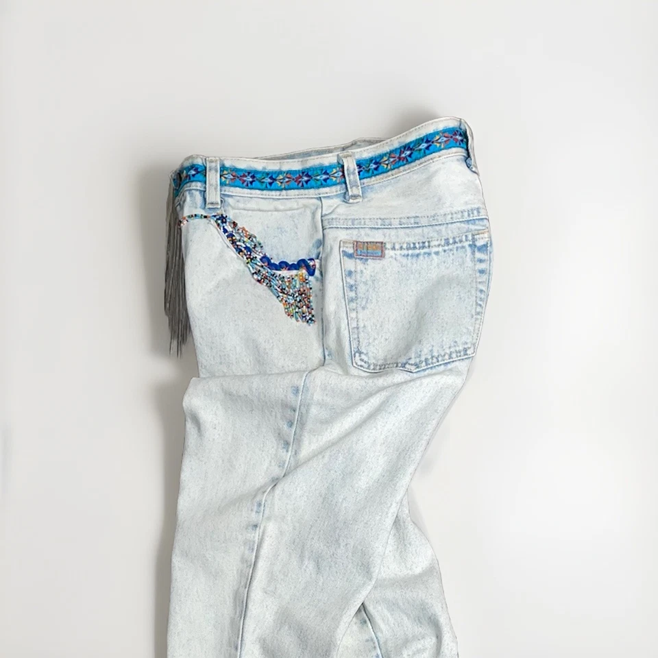 RARE Vintage Gitano Express High Waist Beaded Fringe Ankle Light Denim Jeans 5/6 - Image 4 of 4