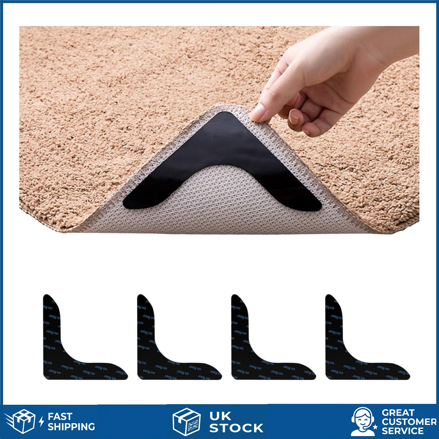 4Pcs Non-Slip Never Curl Rug Grippers - Reusable Carpet Stickers for All Floors