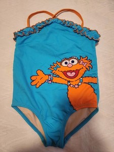 Y2K Vintage Sesame Street Zoe 4T Swimsuit - Turquoise with Orange Trim