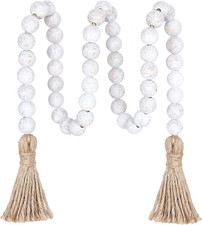 39in Wood Bead Garland, Farmhouse Beads with Tassels, Wash White