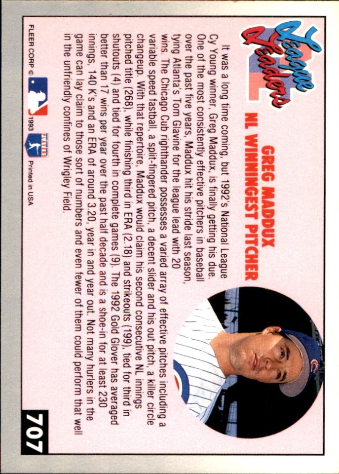 Greg Maddux 1993 Fleer #707 Chicago Cubs FREE SHIPPING AutographDen - Image 2 of 2