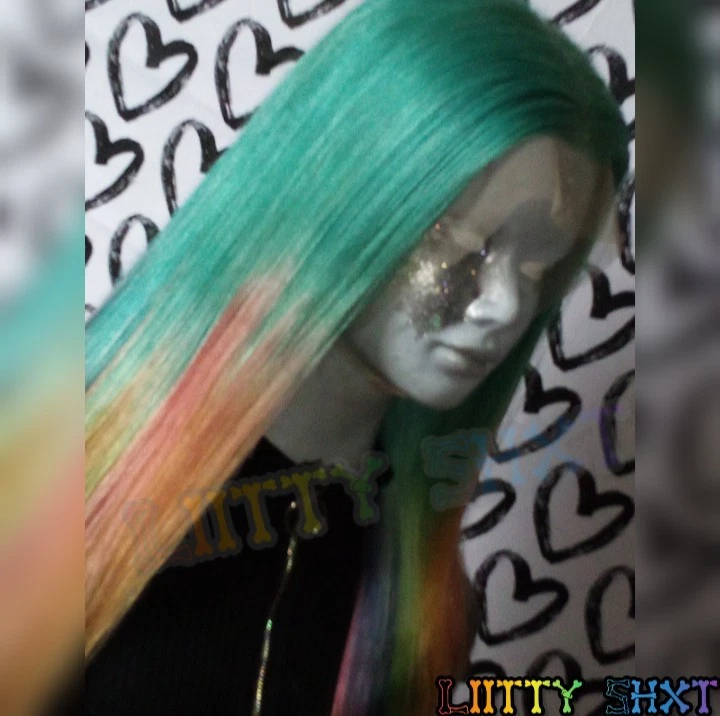 Peluca frontal de encaje 13x4 20 pulgadas 100 % cabello humano color personalizado (verde azulado arco iris fusión)🎨 Foto 3 de 4